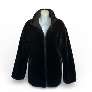 ANDREW MARC brown faux fur coat, reversible to black raincoat, zip front. XL